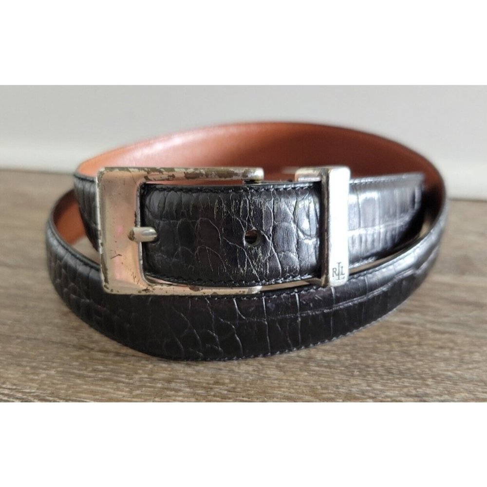 Lauren Ralph Lauren Women M Black Genuine Leather Embossed Belt Made in Italy 1"